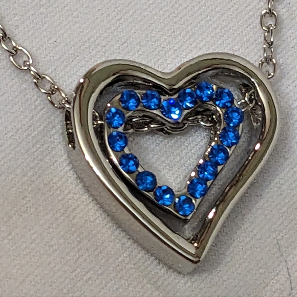 NEW September Sapphire 18K White Gold Pl Double Heart Spinner Pendant Necklace - Picture 4 of 9